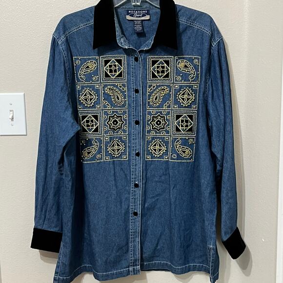Notations Sport Women’s Cotton Chambray Button Top Plus Sz 1X Embroidered/Beads - Picture 1 of 7